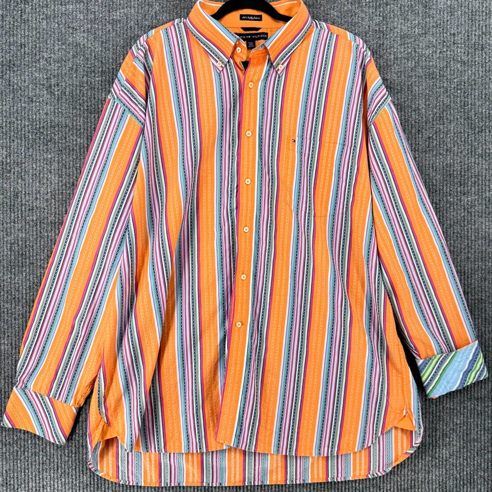 Vintage Tommy Hilfiger Stripe Button Down Shirt Flip Cuff XXL Mens 2 Ply Office‎
